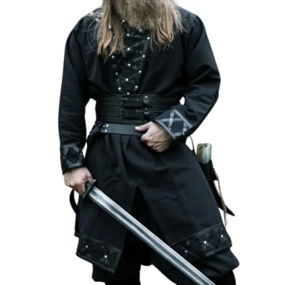 Afbeelding van Leonardo Carbone® Erik Viking tuniek? Middeleeuwse kleding voor heren, vrijetijdshemden, korte mouwen, carnavalskostuum, Vikingtuniek, LARP kleding, 100% katoen, met applicaties, zwart.