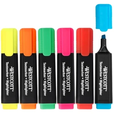 Afbeelding van Westcott E 744251 00 markeerstiften, 6 stuks, heldere kleuren, lijndikte 2 tot 5 mm, hoogwaardige inkt uit Duitsland