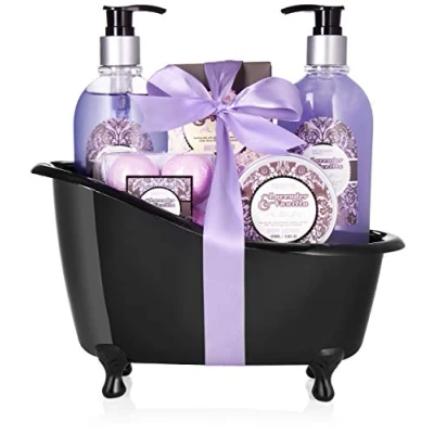 Afbeelding van BRUBAKER Cosmetics Bad en Doucheset Cadeautip Vrouw Lavendel Vanille met Decoratieve Badkuip Verwenpakket Cadeau Geschenkset Zwart 9 stuks Moederdag cadeautje