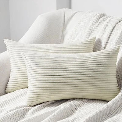 Afbeelding van Topfinel Set van 2 kleurrijke corduroy kussenslopen voor woonkamer, slaapkamer, onzichtbare ritssluiting, 30 x 50 cm, crème