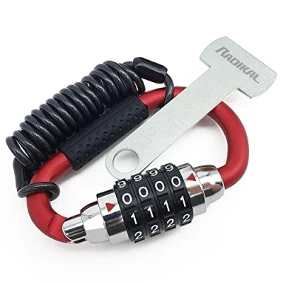 Afbeelding van RADIKAL RK540R Motorhelmhangslot, multifunctionele karabijnhaak met veiligere 4 cijferige code, T adapter, gevlochten stalen veiligheidskabel, universeel antidiefstalaccessoire voor motorfietshelm