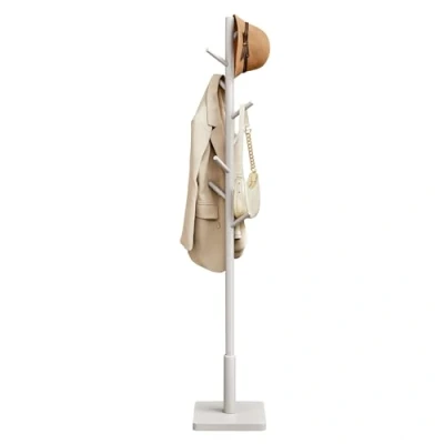 Afbeelding van VASAGLE Kapstok, houten kledingrek, staande standaard met 8 haken, 3 hoogtes, voor jassen, hoeden, tassen, entree, hal, rubberhout, beige cappuccino RCR010K01