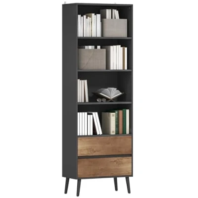 Afbeelding van HOMCOM boekenkast met 4 open vakken en 2 laden, opbergrek voor woonkamer, slaapkamer, kantoor, 60 x 30 179 cm, grijs
