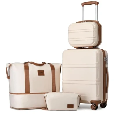 Afbeelding van Kono Lichtgewicht handbagagekoffer van hard ABS met TSA slot, 4 delige bagageset weekendtas en toilettas voor op reis, Wit/Bruin