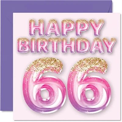 Afbeelding van Verjaardagskaart voor vrouwen 66e verjaardag ballonnen roze paarse glitter verjaardagskaarten vrouw 66 jaar moeder oma tante 145 mm x