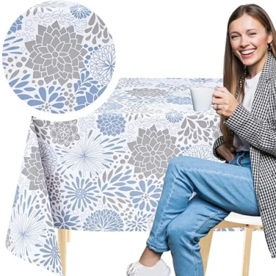 Afbeelding van KP HOME Rechthoekig tafelkleed van pvc, gemakkelijk schoon te maken, met blauwe en grijze bloemen, 200 x 140 cm, waterdicht, afwasbaar, vinyl tafelzeil, bloemenharmonie, voor buiten, wit,