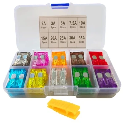 Afbeelding van FULARR 80 stuks professionele autozekeringen, standaard lemmetzekeringen, assortiment, met reservezekeringen, trekker en opbergdoos, 2 A/3 A/5 A/7,5 A/10 A/15 A/20 A/25 A/30 A/35 A