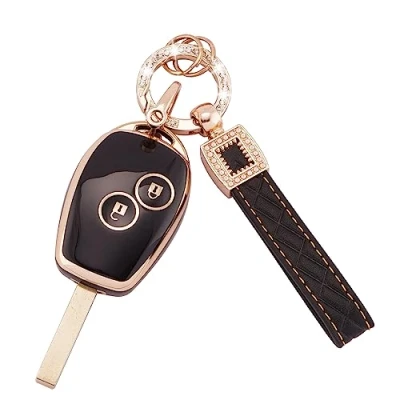 Afbeelding van Koaudb Autosleutelhoes, 2 knoppen, van TPU, met lederen sleutelkoord voor Renault Clio/Kangoo/Megane/Laguna/Modus/Dacia/Twingo, harde hoes smart key (BP Rnl 2R)
