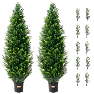 Afbeelding van VEVOR 2 stuks kunstcipressen 121,9 cm hoog (2 stuks) met extra bladeren en pot, kunstcipressen, groenblijvende bladeren, voor binnen buiten, decoratie, groen, 380 x