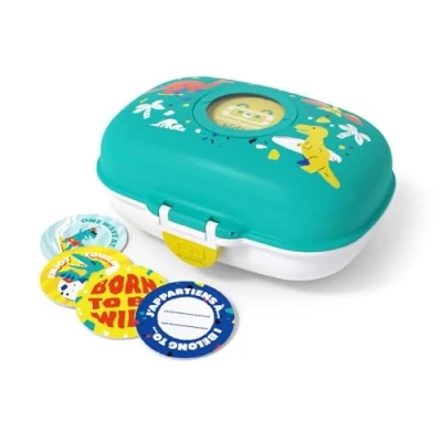 Afbeelding van monbento Lunchbox MB Gram Dino blauw BPA vrije broodtrommel ideaal voor school, picknick, vakantie, wandelen dinosaurus jongens/meisjes Personaliseerbaar en robuust