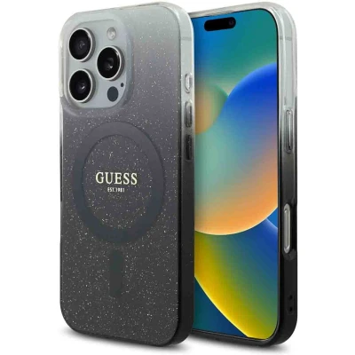 Afbeelding van Guess Hoesje Geschikt voor iPhone 16 Pro Met Koord MagSafe IML Case Flowers with beads strap zwart