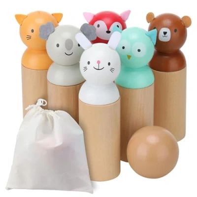 Afbeelding van Navaris houten bowlingset voor kinderen 6 kegels in de vorm van schattige diertjes, een bal en opbergtas ontwikkelt hand oogcoördinatie
