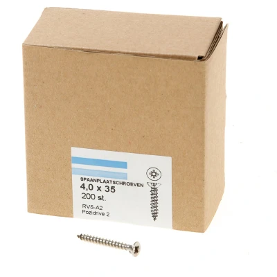 Afbeelding van spaanplaatschroeven RVS platverzonken kop PZ2 voldraad 4.0X35 (per 200 stuks)