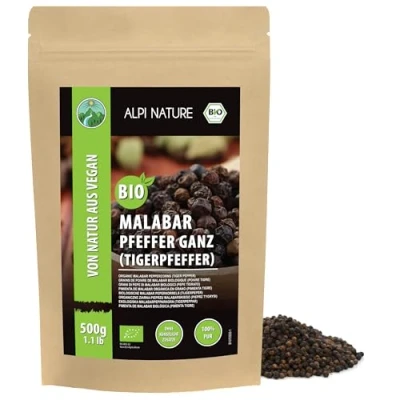 Afbeelding van biologische Malabar zwarte peper (500 g), tijgerpeper, peperkorrels uit gecontroleerde teelt, laboratoriumgeteste 100% zuiver en natuurlijk