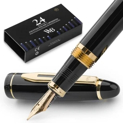 Afbeelding van Wordsworth &amp; Black Majesti vulpen set, Medium Penpunt, inclusief 6 inktcartridges, inkt navulling converter, Cadeaudoosje, Kalligrafie, soepel schrijven [Zwart Goud], Perfect voor mannen en vrouwen