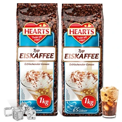 Image de HEARTS Café glacé 2 x 1 kg 65 tasses par sachet de rafraîchissant Boisson d&#039;été instantané contenant la caféine Préparation rapide froide soluble