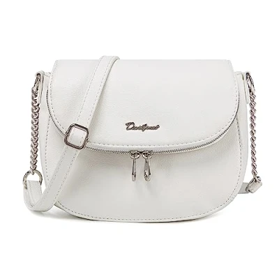 Afbeelding van David Jones Kleine Tas voor dames Schoudertas met kettingen van PU leer ritssluiting klep 2 vakken stadstas telefoon, reizen, werk, winkelen elegant, Wit., Schouderriem