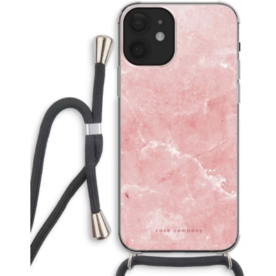 Afbeelding van Case Company® hoesje met Koord geschikt voor iPhone 12 Roze marmer Telefoonhoesje Zwart Extra Bescherming aan alle Kanten en Over de Schermrand