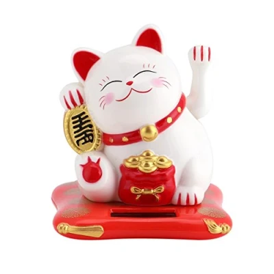 Afbeelding van Geluksbrenger kat op zonne energie met golvende arm voor Maneki Neko autodecoratie (wit)