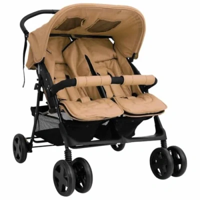 Afbeelding van vidaXL Dubbele kinderwagen taupe staal