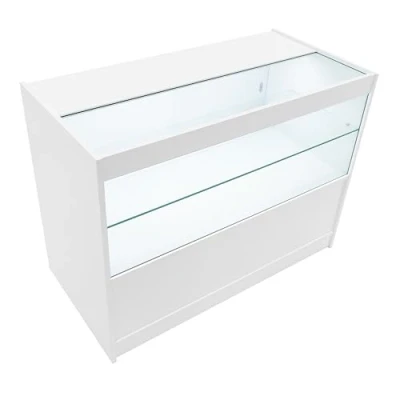 Afbeelding van Comptoir de Vente en MDF Blanc LED Blancs Intégrés C1200 3 Étagères Portes Coulissantes Verouillables Rangement Commerciale Vitrine Verre Acceuil Réception Bureau Vêtements Bijoux [2 Clés INCLUS]