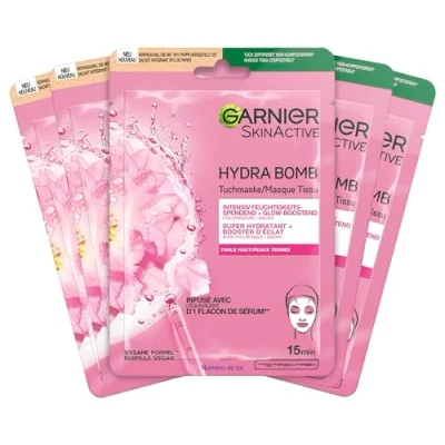 Image de Garnier Hydra Bomb Lot de 5 masques hydratants à l&#039;acide hyaluronique et sakura pour peaux mortes