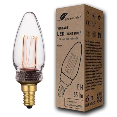 Afbeelding van greenandco® Led lamp, dimbaar, vintage, E14, C35, 2,3 W, 65 lm, 1800 K, zeer warm wit, 320 graden, 230 V, helder, geen flikkeren