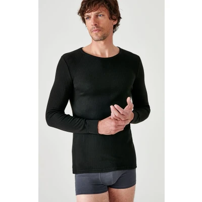 Afbeelding van Damart Thermolactyl T shirt met ronde hals, geribde fleece Heren Zwart S