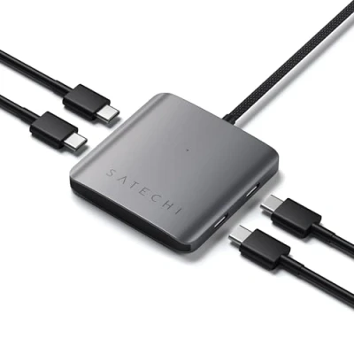 Afbeelding van SATECHI USB C hub met 4 poorten adapter 100 W PD opladen en 3.2 datapoorten bij 10 Gbps compatibel MacBook, iPad, iPhone 16 15 serie, Microsoft Surface nog veel meer grijs
