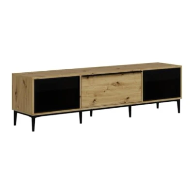 Afbeelding van Vente unique Tv meubel met 3 deuren van zwart gehard glas Naturel MOLINIA L 180 cm x H 50 D 40