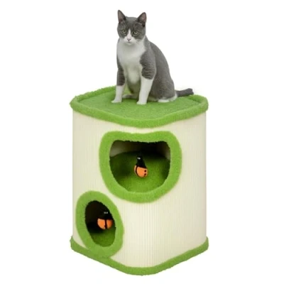 Afbeelding van PawHut Tonneau à chat de 52 cm haut avec 2 niches, arbre jouet coccinelle, tour pour en sisal, niche jusqu&#039;à 5 kg, vert + blanc crème