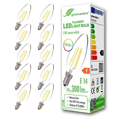 Afbeelding van Greenandco® CRI 90+ led gloeilamp, E14, 3 W (komt overeen met 28 W), 300 lm, 2700 K, warm wit, 360 graden, 230 V, glas, geen flikkeren, niet dimbaar, 10 stuks