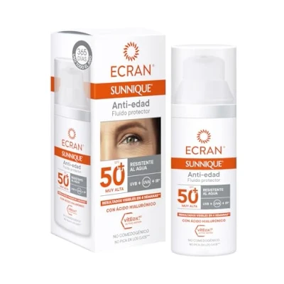 Afbeelding van Ecran Sunnique anti aging zonnevloeistof SPF 50+, met hyaluronzuur, UVB + UVA en IR A, rimpel vlekbescherming, formule VitEox 80, voor gezicht decolleté, 50 ml