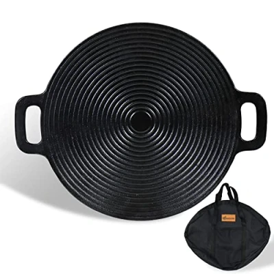 Afbeelding van grillpan Koreaanse van gietijzer ronde grillplaat anti aanbaklaag, dubbele handgrepen voor camping