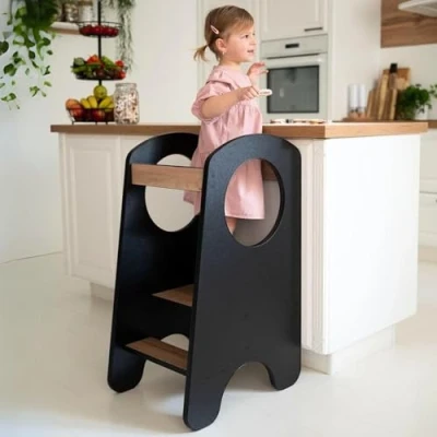 Afbeelding van KIDIE Montessori leertoren voor kinderen vanaf 1 jaar, leertoren, in hoogte verstelbaar, baby&#039;s, zwart