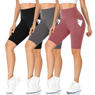 Afbeelding van MOREFEEL Fietsbroek voor dames, 3 stuks, met zakken, hoge taille, ondoorzichtig, kort, yoga, sport, fitness, zwart/donkergrijs/donkerroze
