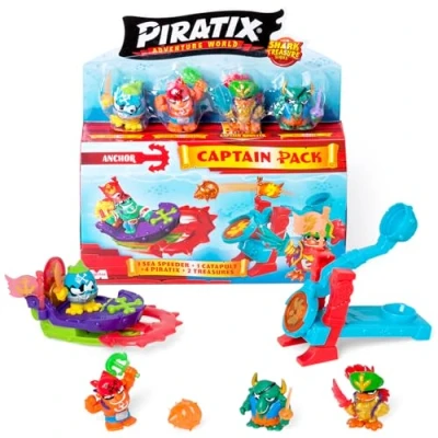 Afbeelding van PIRATIX ADVENTURE WORLD Shark Treasure serie, Captain Pack, Anker met 4 Piratix, 1 gouden kapitein, accessoires &#039;kristallen&#039;, Sea Speeder, katapult, 2 vlaggen kristaleffect, verpakking van 5/6