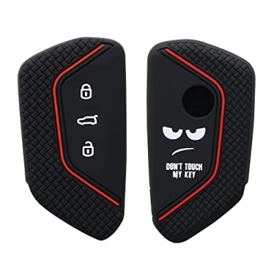 Afbeelding van kwmobile Autosleutel hoesje geschikt voor VW Golf 8 3 knops behuizing in wit / zwart rood Don&#039;t Touch My Key design