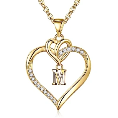 Afbeelding van TINGN hartvormige halsketting voor dames, zilver goud, 14 karaat witgoud verguld, initiaalketting met hanger, kubieke zirkonia, verjaardagscadeau vrouw, vriendin, moeder, Goud