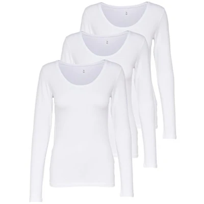 Afbeelding van ONLY 15209156 Basic T shirt met lange mouwen voor dames, 95% katoen, maat XS, S, M, L, XL, zwart/wit, 3 stuks, Set van Kleur: wit