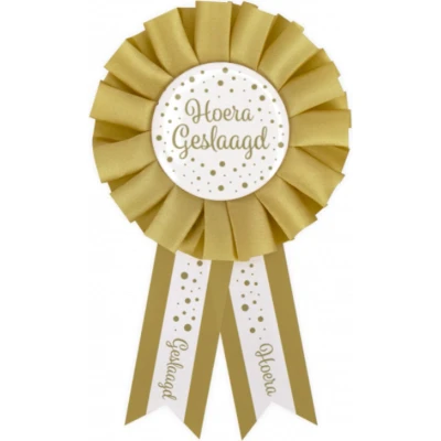 Afbeelding van Hoera Geslaagd Rozet Wit/Goud 14cm per stuk