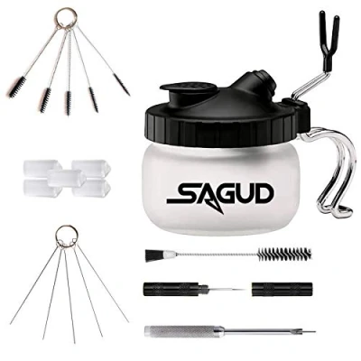 Afbeelding van SAGUD Airbrush reinigingsset met reinigingsborstels, wasborstelnaalden, glazen pot, reinigingspot houder