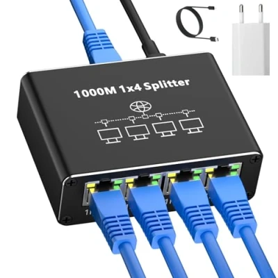 Afbeelding van AOUZEA LAN splitter 1 naar 41000 Mbps Ethernet Switch 4 poorten met USB C voedingskabel Gigabit voor computer, hub, netwerkschakelaar,