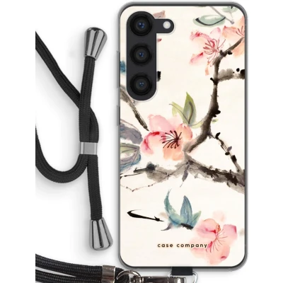 Afbeelding van Case Company® hoesje met Koord geschikt voor Samsung Galaxy S23 Japanse bloemen Telefoonhoesje Zwart Bescherming aan alle Kanten en Over de Schermrand