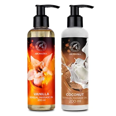 Afbeelding van Sensuele Massageolie Vanille Kokos 2 x 200 ml Lichaamsmassageolie met Amandelolie en Druivenpitolie Kokosolie Eetbaar, Consumeerbaar, Natuurlijk Kussende Ontmassageolie