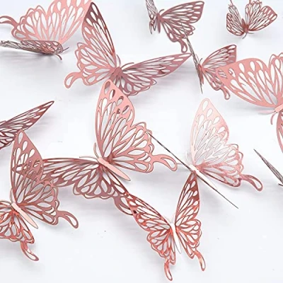 Afbeelding van CAYUDEN muurstickers, vlinder, 3D, 24 stuks, afneembaar, zilver, combinatie, stickers, kunst, doe het zelf, vlinderdecoratie voor thuis, kamerdecoratie (roségoud)