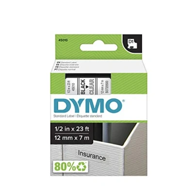 Afbeelding van DYMO originele D1 labels Zwarte Tekst op Doorzichtig Label 12 mm x 7 m zelfklevende etiketten voor de LabelManager labelprinter gemaakt in Europa