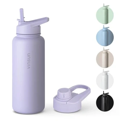 Afbeelding van VINSUN Thermosfles, 1 l, roestvrijstalen fles met rietje en drinkopening, waterdicht, BPA vrij, herbruikbaar, thermosfles voor sport, wandelen, school, kantoor