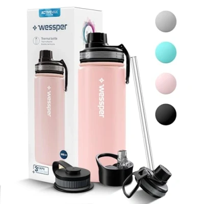 Afbeelding van Wessper Thermische drinkfles van roestvrij staal, 500 ml, lekvrij, thermosfles, BPA vrij, met 3 deksels, elegante roze sportfles, thermosfles voor kinderen, volwassenen, camping