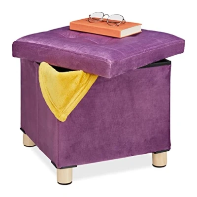 Afbeelding van Relaxdays poef met opbergruimte fluweel opvouwbare opbergpoef dienblad in deksel mauve